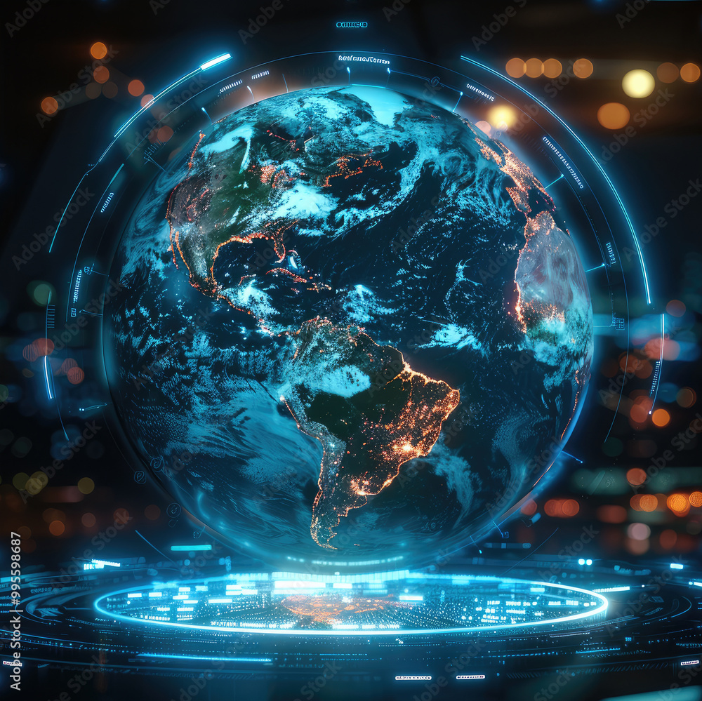 Aufkleber interactive software depicting a digital twin of earth, being used to predict and adapt to climate r
