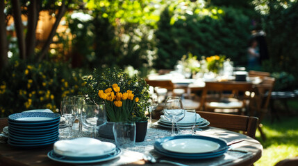 A charming outdoor gathering set for a delightful spring meal with yellow flowers in a vibrant garden
