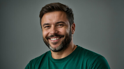 Obraz premium Genuine Joy: A charismatic man radiates happiness with a genuine smile and a warm, inviting gaze. His authentic expression conveys a sense of contentment, joy, and positivity.