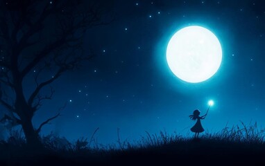A young girl holding a magic wand under a full moon