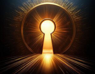 Radiant golden keyhole guides towards success, symbolizing hope and opportunity. Shimmering light reflects off the elegant gold surface, hinting at mystery and secrets beyond