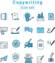 Copywriting line icons set with sky blue color shadow.