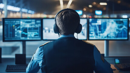 Airport security personnel monitoring multiple screens during evening hours to ensure passenger safety and compliance with regulations