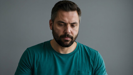 Obraz premium Brooding Man: A pensive portrait of a man lost in thought, his expression conveying contemplation and introspection against a muted gray backdrop.