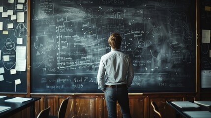 A thoughtful teacher examines complex math equations on a chalkboard in a classroom filled with learning possibilities.