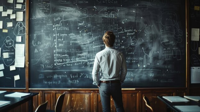 A thoughtful teacher examines complex math equations on a chalkboard in a classroom filled with learning possibilities. - Powered by Adobe