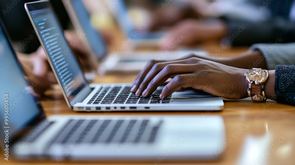 Aufkleber hands typing on laptops during a collaborative work session in an office setting with individuals en