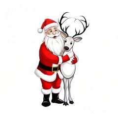 Santa Claus hugging a reindeer in a festive setting on a white background with copy space