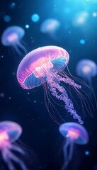 Obraz premium Glowing jellyfish in the dark depths of the sea