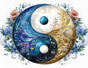 Yin yang symbol with floral decoration representing duality, harmony and balance of opposite forces in nature