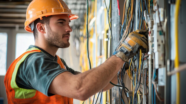 Worker setting up electrical wiring in a construction project during daylight hours at a job site