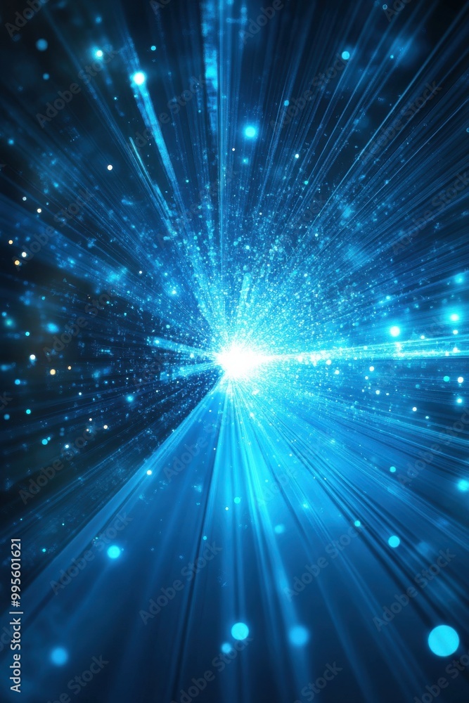 Poster abstract blue background with radiant light rays and glowing particles creating a dynamic and futuri