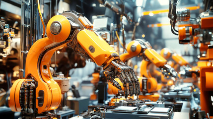 Fototapeta premium In a dynamic factory space, advanced robotic arms work in unison to assemble and manufacture sophisticated products, showcasing innovative technology and design