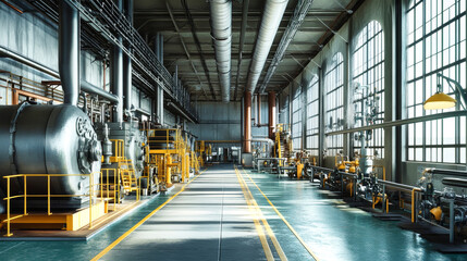 Inside a spacious industrial factory, workers in hard hats operate advanced machinery while vibrant pipes line the walls, showcasing a dynamic and productive atmosphere