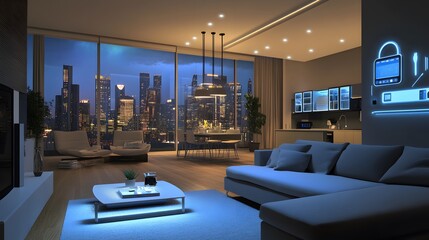 Modern Apartment Living Room with City Skyline View at Night