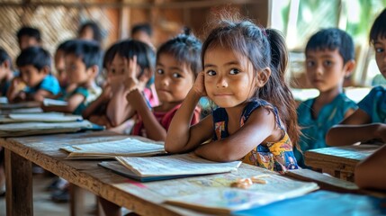 Children learning in classroom settings. Depicting education and learning in a rural asian school