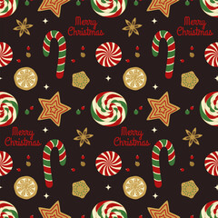 Seamless, festive, colorful pattern of Christmas elements. Cookies, caramel, candy cane, candy.