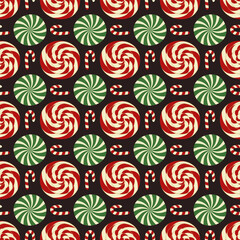 Seamless, festive, colorful pattern of Christmas elements. Caramel, cane. Illustration for textile, wrapping paper, wallpaper, cover, card, poster.