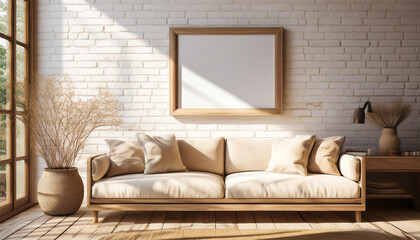 Cozy living room with a beige sofa and natural decor, bright sunlight streaming in.