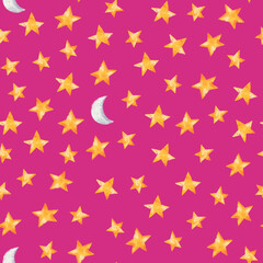 Seamless pattern with stars and the moon on a pink background