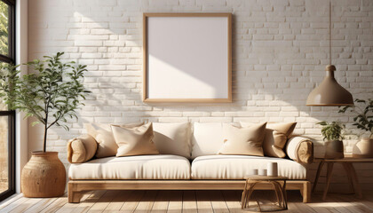 Cozy living room with a sofa, plants, and a blank picture frame on the wall.