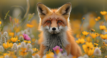 A vibrant red fox darting through a field of wildflowers, embodying the playful and curious aspects of wildlife in action.