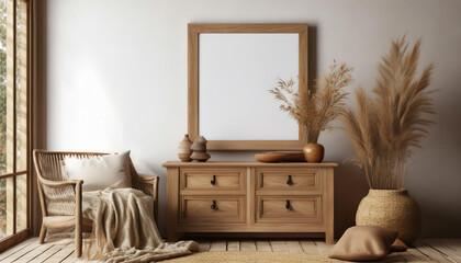 Stylish indoor space featuring a wooden dresser, mirror, and cozy decor elements.