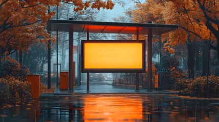 Modern Minimalist Bus Stop with Blank Ad Board in Autumn Landscape