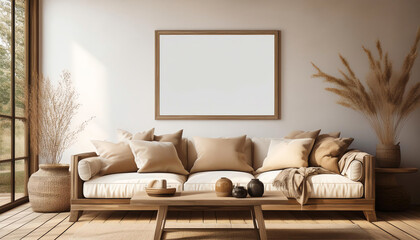Cozy living room with sofa, neutral colors, and decorative plants.