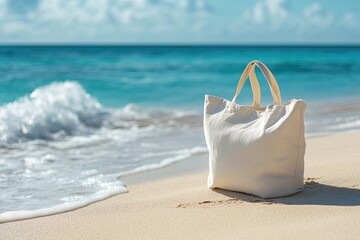 White tote bag on sandy beach. Perfect for summer vacation or beach-themed design. - Powered by Adobe