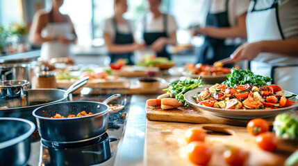 Fototapeta premium In a bustling kitchen, participants engage in a lively cooking class, exploring new recipes and techniques while surrounded by fresh ingredients and bright sunlight