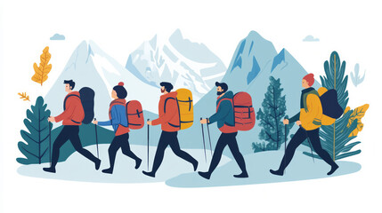 Obraz premium Group of hikers trekking through mountainous terrain during a bright, clear day with lush greenery and towering peaks in the background