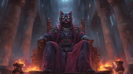 Mystical Cat-Headed Ruler Enthroned in Ornate Ceremonial Chamber
