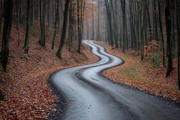A winding road through a forest. The road is surrounded by trees and fallen leaves, perfect for a nature-themed design.