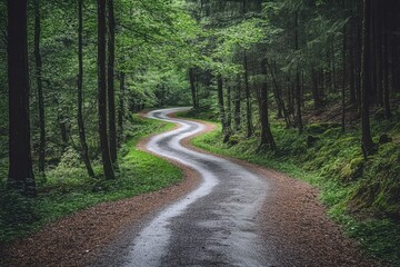 Fototapeta premium Winding road through a forest. Ideal for themes of nature, travel, and journey.