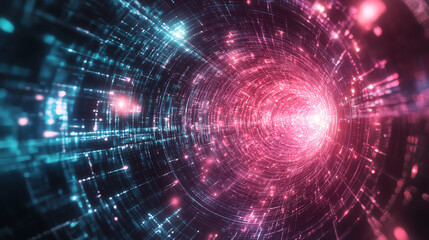 Obraz premium Futuristic digital tunnel with glowing particles, abstract design.