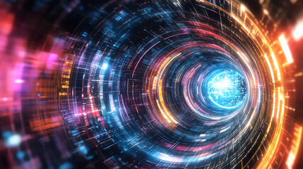 Fototapeta premium Abstract digital vortex with vibrant lights and glowing particles