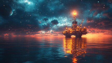 Obraz premium Offshore Oil Rig at Twilight Generative AI