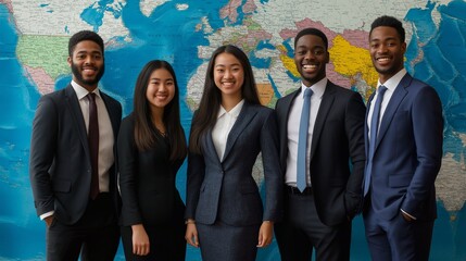 Smiling diverse and young people dressed in business attire standing in front of a world map. This is a studio shoot with a vibrant background, an enterprising global management concept.