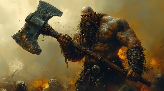 Hulking Barbarian Warrior Decimating Foes with Enormous Battleaxe on Gloomy Battlefield