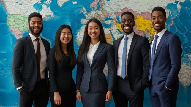 Smiling diverse and young people dressed in business attire standing in front of a world map. This is a studio shoot with a vibrant background, an enterprising global management concept.