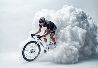 Professional cyclist riding through artificial snow cloud in studio
