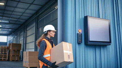 A dedicated worker in safety gear transports large boxes at the entrance of a contemporary warehouse complete with industrial features and digital screens