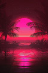 Tropical synthwave landscape with palm trees and pink sunset reflecting on wet tiles