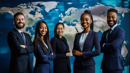Smiling diverse and young people dressed in business attire standing in front of a world map. This is a studio shoot with a vibrant background, an enterprising global management concept.