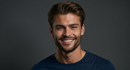 Obraz premium Confidently Handsome: A young man with a charming smile and stylish hair, radiating confidence and positivity in a close-up portrait.