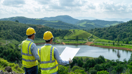 Engineers inspecting plans for sustainable development project near lake