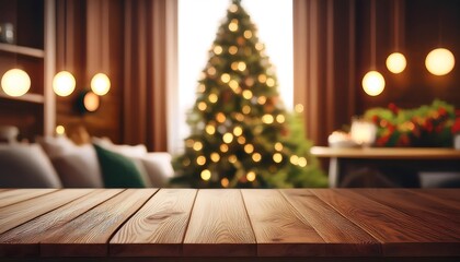 empty wooden table christmas tree background space text