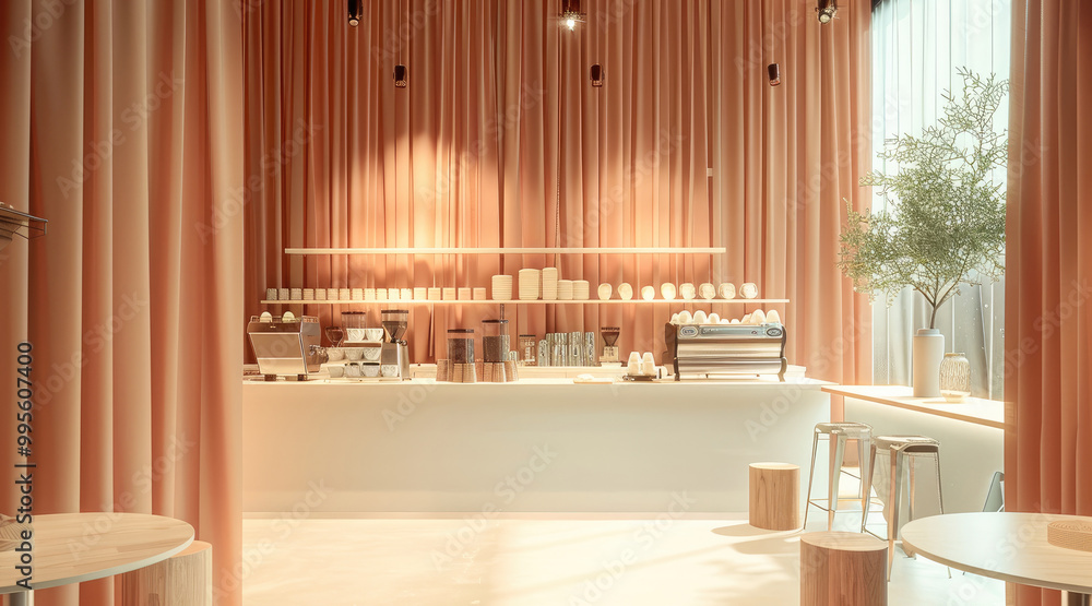 Poster a modern pop-up coffee store. with curtains and a huge counter.