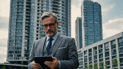The Urban Executive: A confident businessman in a tailored suit, navigating the city with purpose, engrossed in his tablet. He exudes professionalism and ambition.